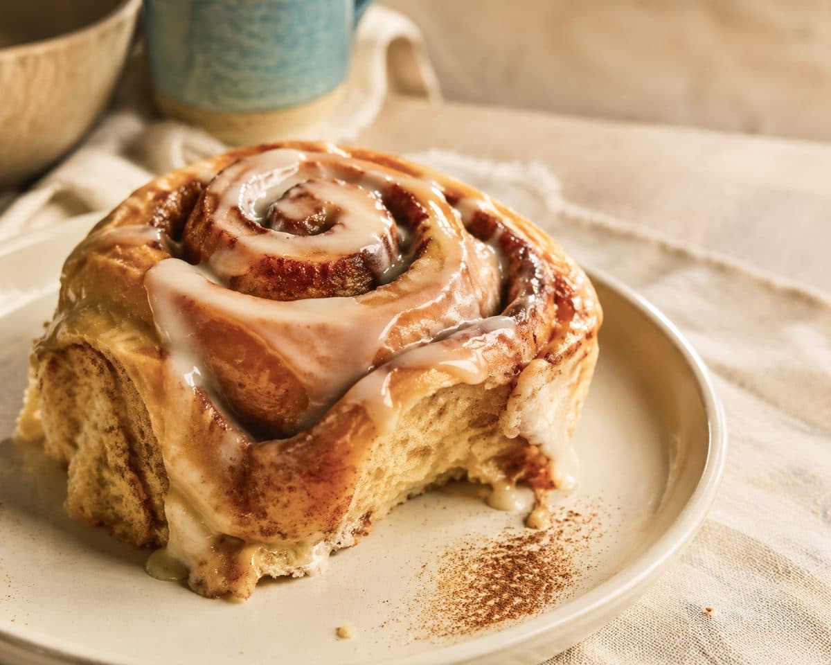 A glazed cinnamon roll on a plate, still warm